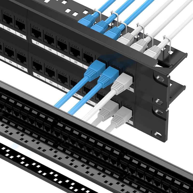 CableGeeker لوحة توصيل Cat6 48 منفذ مع كاستان داخلي، دعم Ethernet بسرعة 10G، لوحة توصيل شبكة UTP 19 بوصة مع شريط خلفي قابل للإزالة، متوافقة مع Cat6 و Cat5e و Cat5 لتوصيلات الرف - Image 1